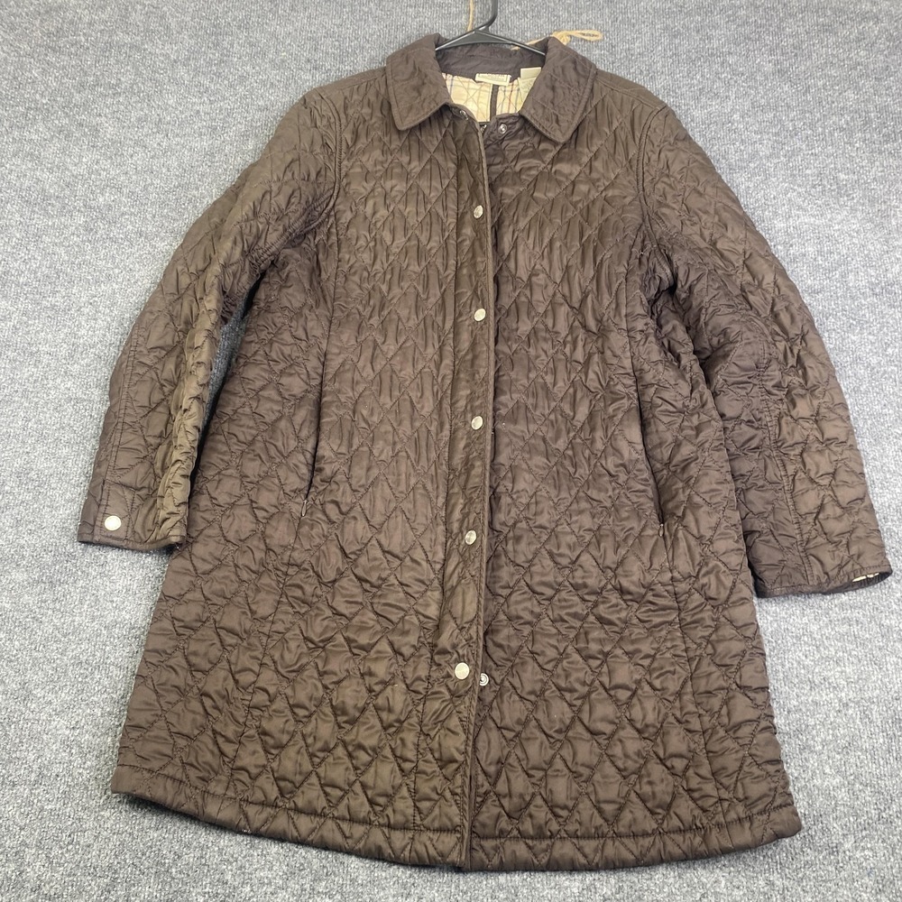 LL Bean Jacket Womens Large Brown Quilted Plaid Lined Barn Coat Petite Long 90s